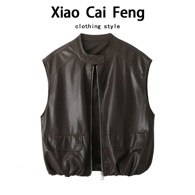 Hong Kong Style Retro Motorcycle Pu Leather Vest for Women, Autumn Design Niche Sleeveless Leather Jacket, Trendy Waistoutwear