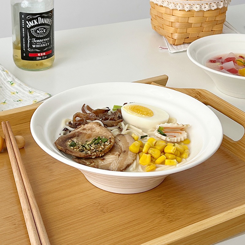 INS風純白日式簡約螺紋橫紋喇叭麻辣燙斗笠拉麵碗湯碗螺螄粉碗