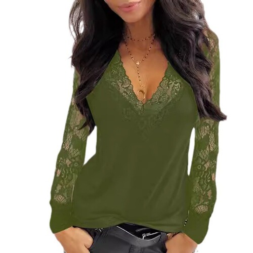2024 Fall New Overseas Trade Women's Apparel from Europe and America Lace Edge Splicing V-Neck Sheer Long-Sleeve T-Shirt