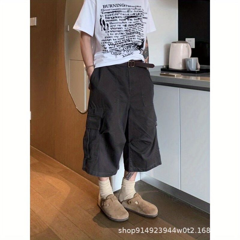 American Retro Large Pocket Cargo Cropped Pants Shorts Women's Summer Design Sense Loose Meat Covering Casual Wide Leg Pants