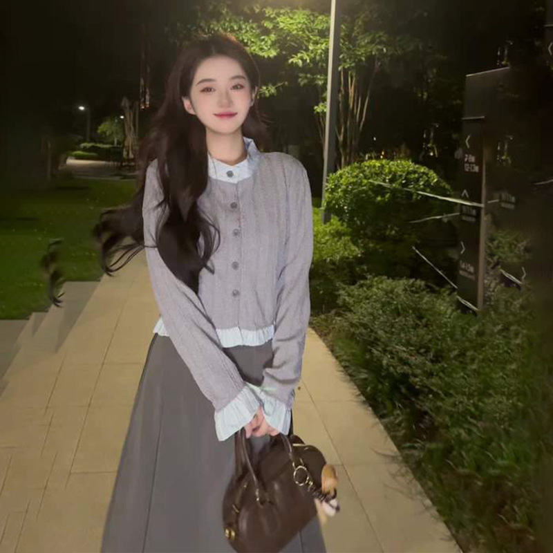 灰色假两件针织衫毛衣开衫外套女早秋季2025新款薄款短款长袖上衣|undefined