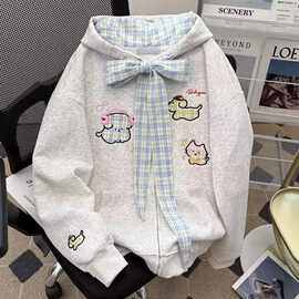 甜美学院风格小狗刺绣蝴蝶结开衫连帽卫衣女春季新款宽松百搭外套