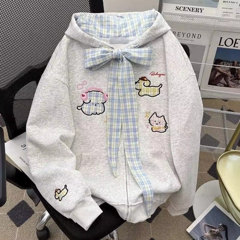 Sweet Preppy Style Puppy Embroidered Bow Cardigan Hooded Sweatshirt for Women Spring New Loose Versatile Jacket