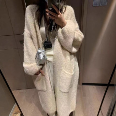 慵懒风灯笼袖中长款针织开衫女秋冬季加厚松弛感宽松毛衣外套大衣