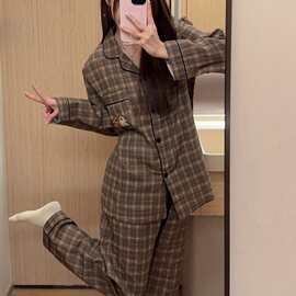 100%纯棉卡通格子可爱小狗女睡衣家居服