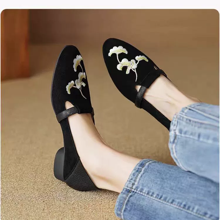 Фирменные специальные ботинки Lefu Женские туфли на толстом каблуке весной и осенью 2025 года ленивые туфли китайская вышивка с чонсам