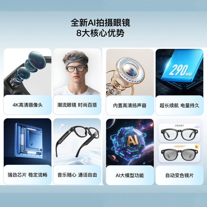 AI智能眼镜800w高清拍照录像运动防抖带变色镜片实时翻译蓝牙眼镜|undefined