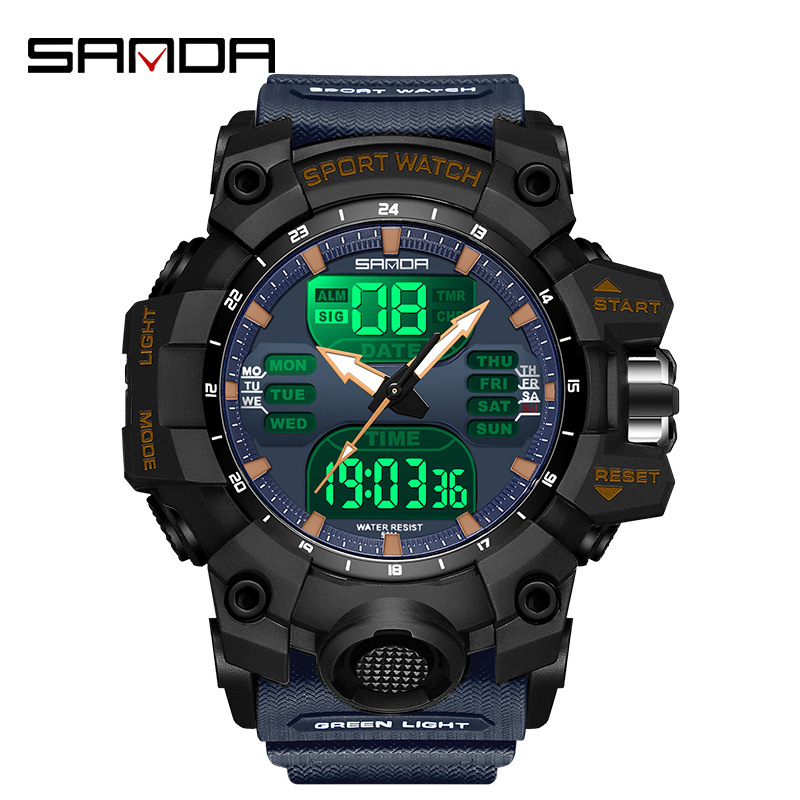 SANDA 6126 doble pantalla reloj electrónico despertador reloj multifuncional reloj de moda hombre impermeable reloj de pulsera correa transparente