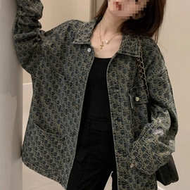 小众美式新款设计感春秋上衣百搭高街牛仔外套女复古印花夹克