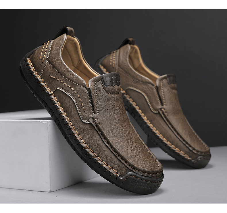 Giày lười nam da bò khâu thủ công cổ thấp mũi tròn, đế bằng — 9914 kaki, 9914 màu đen, 9914 nâu sẫm, Màu xám 9914 chi tiết 26