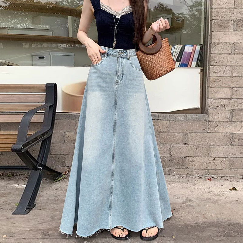 Korean-Style Washed Frayed Hem Denim Skirt 2026 Summer New High-Waisted Slimming Versatile A-Line Long Skirt for Women