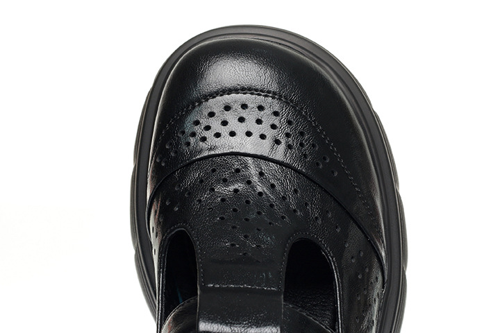 Sandal cao gót đế dày nữ hở mũi, thoáng khí mùa hè, da thật — Màu be chi tiết 15