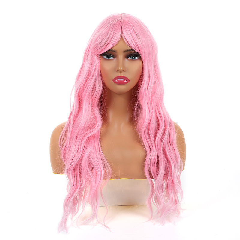 European and American style fashion new pink long curly wig high temperature silk water wave pattern curly hair wig chemical fiber hair