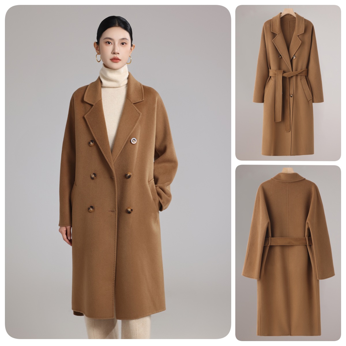 Mm10801 Same Style Double-Sided Cashmere Outwear Women's Wool Mid-Length Loose Cocoon-Shaped Knee-Length Hepburn Style Woolen Outwear