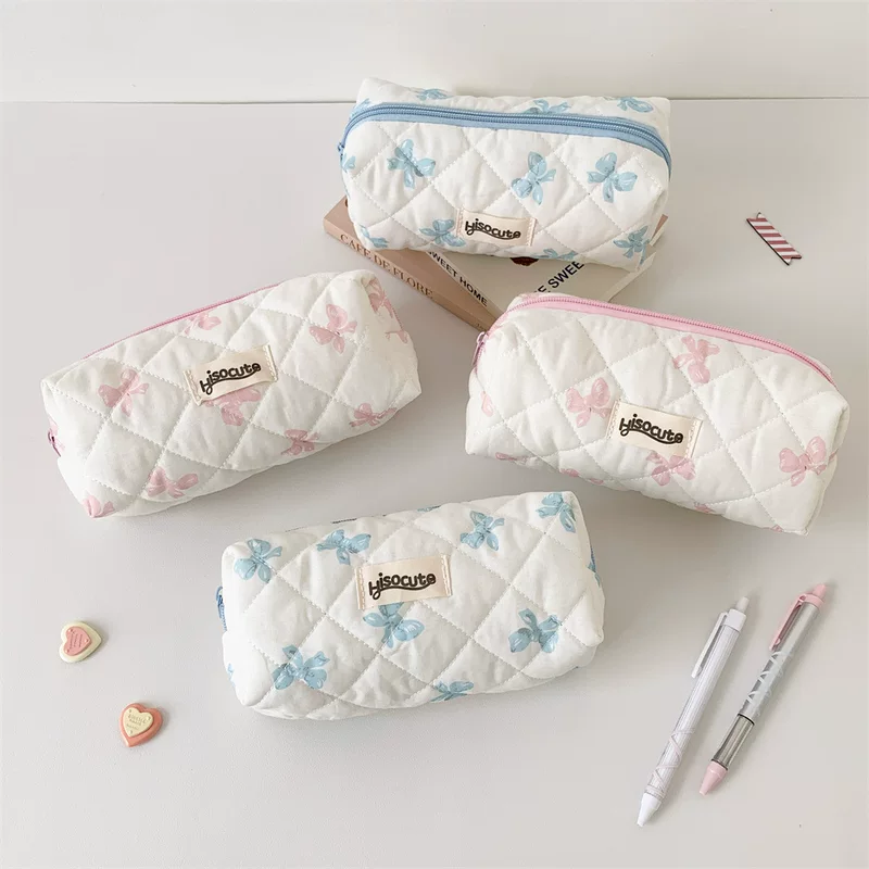 Brand cream high quality pencil case with bow, stationery for elementary school students, storage bag, Korean style