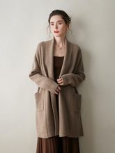 元宝针法式纯色女山羊绒衫中长款开衫外套大翻领慵懒风厚款毛衣