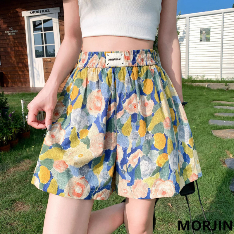 Extra Large Size Fat Oil Painting Floral Shorts Women's Summer Retro Style Loose Casual Wide Leg Ice Silk Five-Point Hot Pants