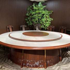 酒店会所包厢电动转盘大圆桌岩板餐桌2025新款新中式实木电动餐桌