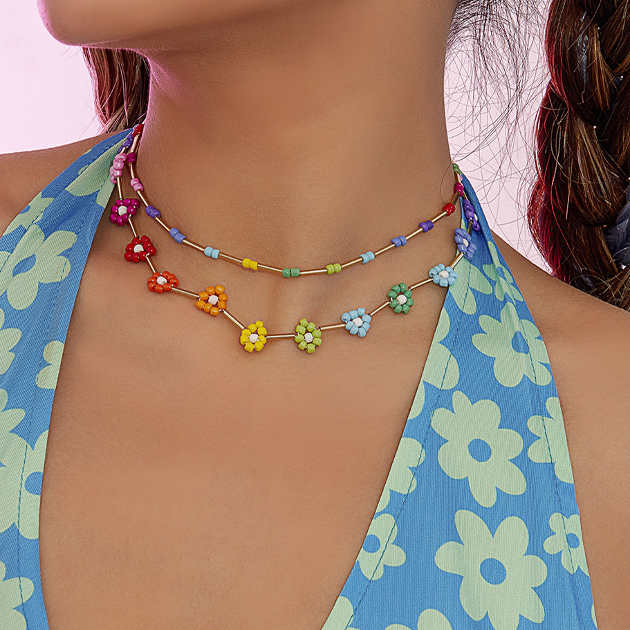 Fashion Ornament Ethnic Colorful Bead Woven Simple Little Daisy Double Layer Necklace