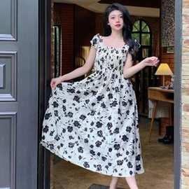 大码复古午夜玫瑰碎花连衣裙女夏胖MM收腰显瘦法式气质休闲长裙子