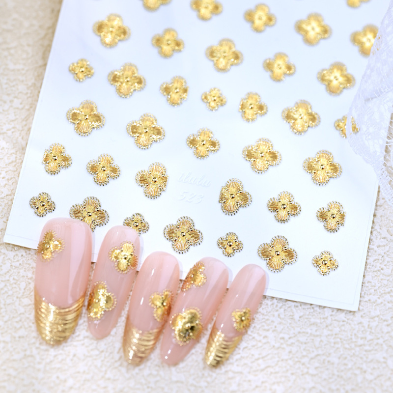 Popular Gold-Stamped Four-Leaf Clover Nail Stickers, Classic Luxury Gold and Silver Three-Dimensional Four-Leaf Flower Nail Decoration Stickers Popular Gold-Stamped Four-Leaf Clover Nail Stickers, Classic Luxury Gold and Silver Three-Dimensional Four-Leaf Flower Nail Decoration Stickers