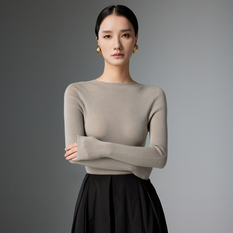Fine-Spun 100% Pure Wool Knitwear for Women, Seamless One-Line Ready-To-Wear Thin Round Neck Bottoming Knitwear Pure Color Slim Knitwear