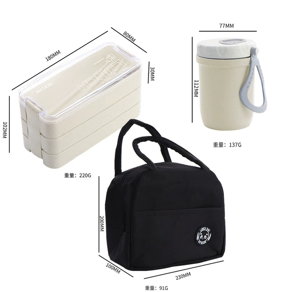 Beige lunch box, thermos