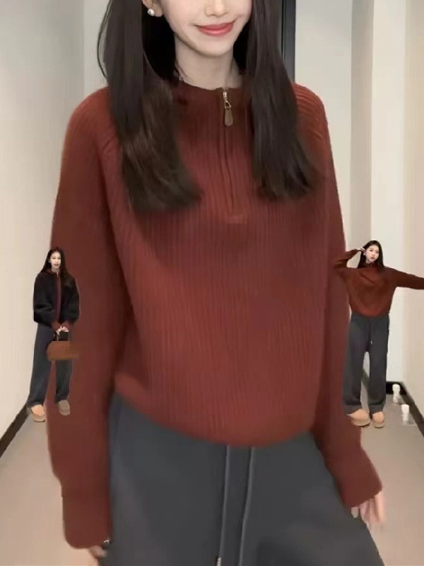 半拉链连帽套头毛衣女2025秋冬新款跨境休闲通勤内搭外穿针织上衣|undefined