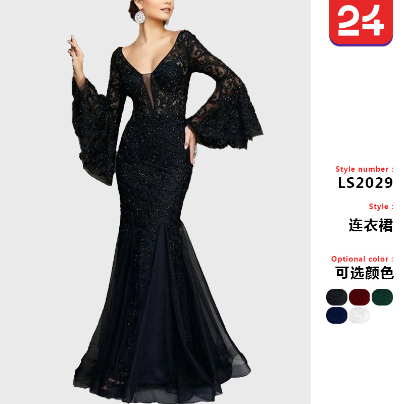 Lace Evening Dress 2025 New Elegant and Sexy Slim Fishtail Long Banquet Dress Female Black Anchor Summer