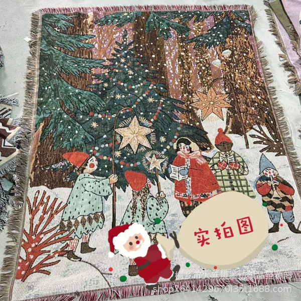 American Retro Christmas Cartoon Multifunctional Coarse Cotton Gold Thread Arrangement Decorative Leisure Blanket Textile Thread Blanket Sofa Blanket