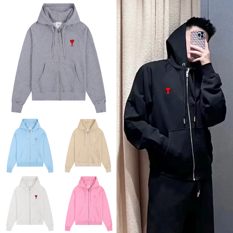 Autumn and Winter Ami Cross-Border Wholesale Sweatshirt with Heart Pocket, Zipper, Embroidery, Hooded Casual Jacket, Unisex Style