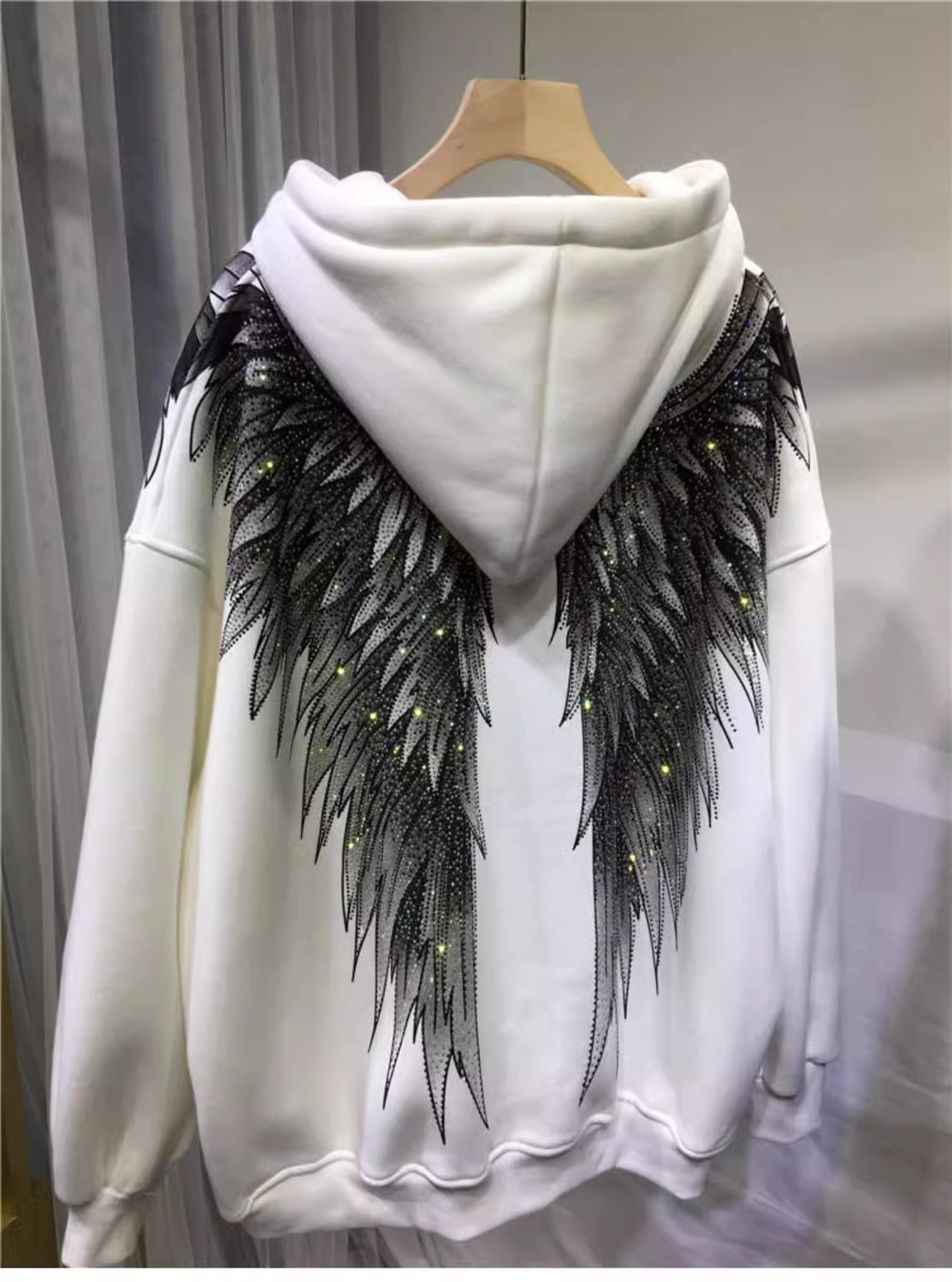 Women's Clothing Extra large size heavy industry diamond light luxury front and rear wings hooded long sleeved velvet jacket sweatshirt_voghion.com