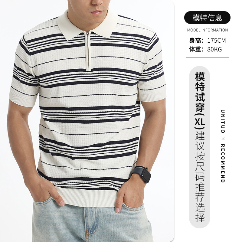 Verano hombre rayas de color contrastante hielo tejedido polo camisa de manga corta semia cremallera solapa textural ligera ropa de hombre de negocios