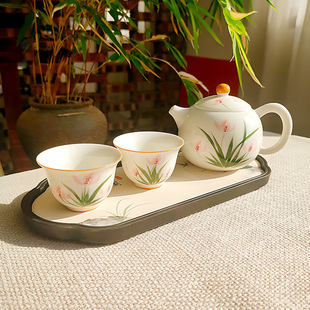 Hand-Painted Orchid Teapot with Jadeite, Water Storage Ceramic Tea Ceremony Accessory, Tea Tray, Tea Set, Tea Holder