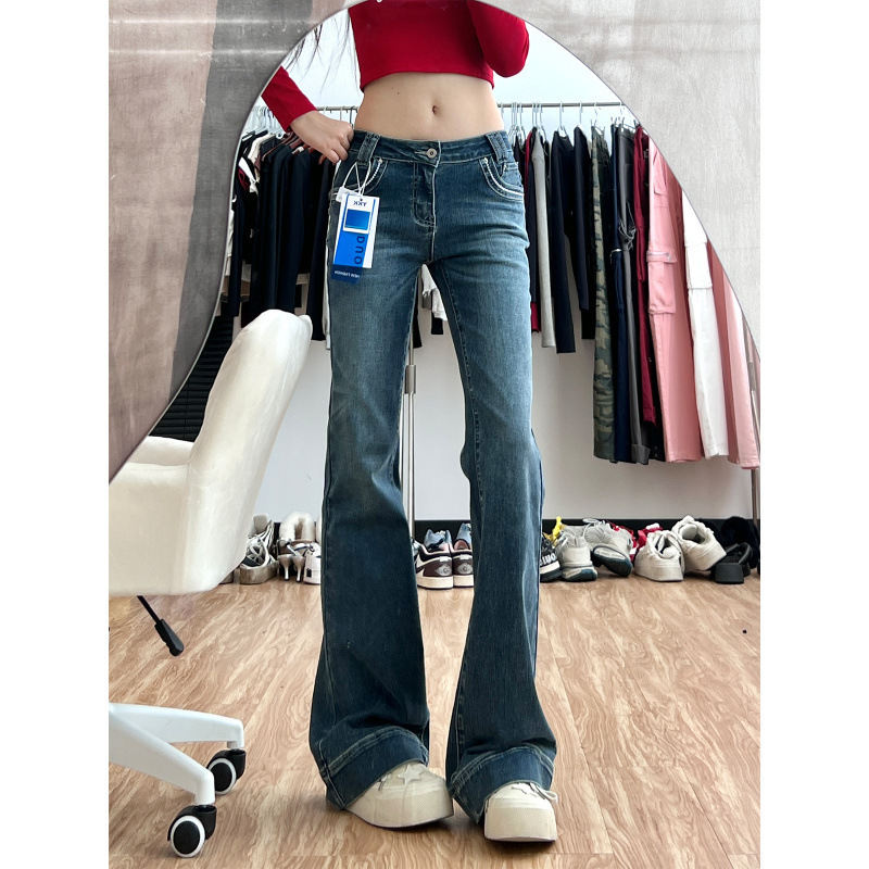 Yi Mengling's Same Style Low-Waist Jeans for Women, American Dark Blue Sexy Slimming Look Design Floor-Length Micro-Flared Pants Yi Mengling's Same Style Low-Waist Jeans for Women, American Dark Blue Sexy Slimming Look Design Floor-Length Micro-Flared Pants
