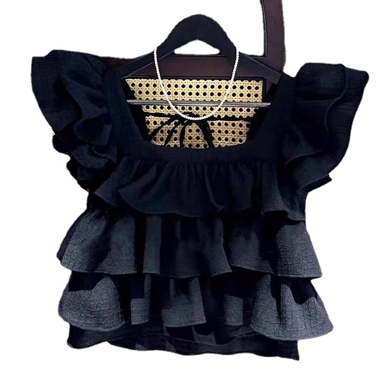 Niñas 2020 verano nuevo estilo coreano color sólido oreja de madera manga voladora cuello cuadrado camisa medio y grande niños moda chaleco moda