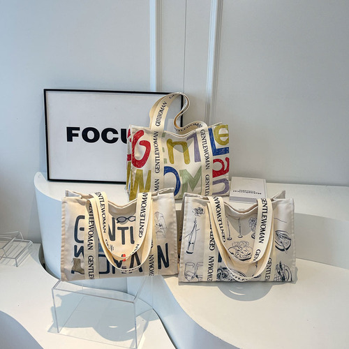 Colorful Letter Print Canvas Shoulder Bag Women Large Capacity Tote Bag Hand-held Shopping Bag Mommy Bag Cross-border
