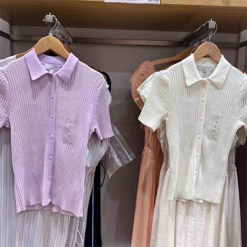 2024 Summer New Style Ribbed Polo Collar Slim Knitted Cardigan Short-Sleeved K467062 469414 Produced by Daily Order