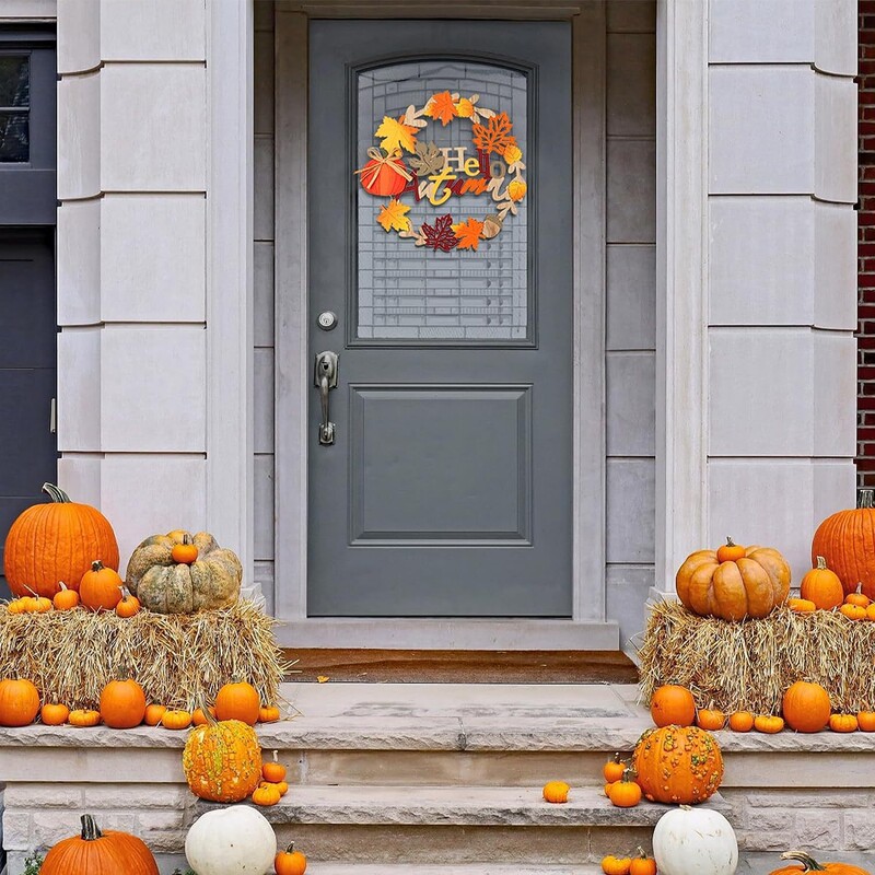 Autumn front door decoration 12 inch fence hanging Garland wooden hollow door sign hanging pumpkin harvest maple leaf