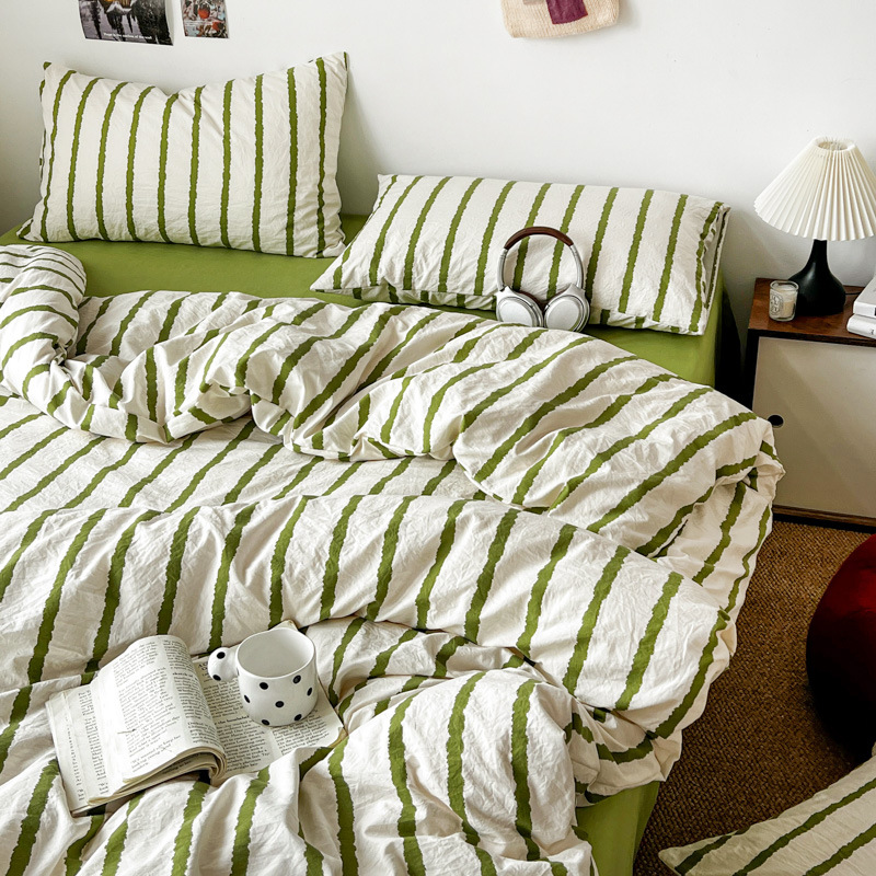 Vintage Washed Cotton Bed Sheet Set Simple Printed Four Piece_voghion.com