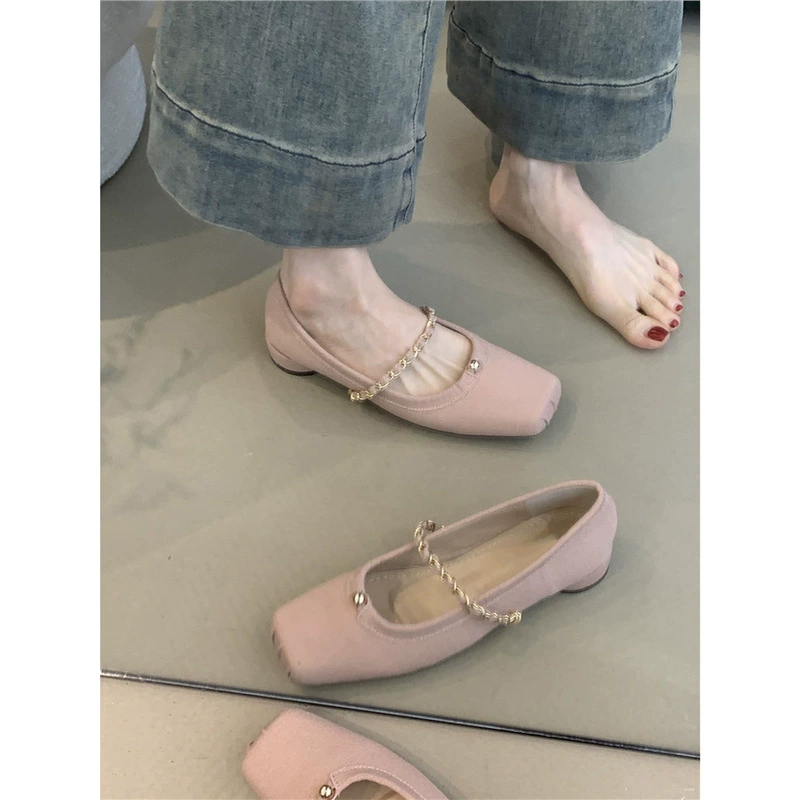 Версия из овчины ~ Туфли Мэри Джейн на низком каблуке с квадратным носком и металлической цепочкой в ​​казуальном стиле, вечерние туфли во французском стиле