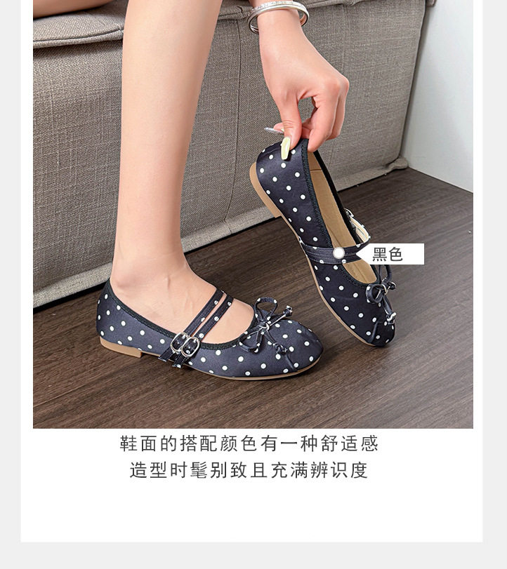 Giày búp bê Mary Jane nữ mũi tròn chất liệu satin chấm bi thắt nơ, đế bằng gót thấp — Màu hồng, Màu trắng, màu đen chi tiết 9