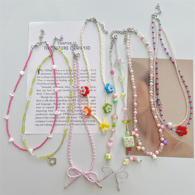 Colorful Glass Flower Dopamine Necklace Bow Transparent Beaded Necklace Versatile Sweet Accessory Choker for Best Friends