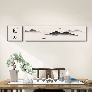 茶室装饰画新中式字画酒店包间挂画横版窄长条禅意山水办公室壁画