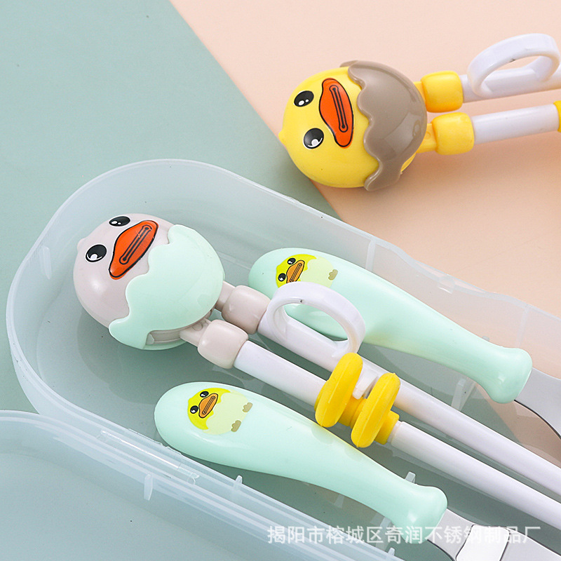 Nuevo 304 de acero inoxidable de dibujos animados para niños palillos de entrenamiento bebé lindo suplemento alimenticio cuchara tenedor portátil traje de tres piezas