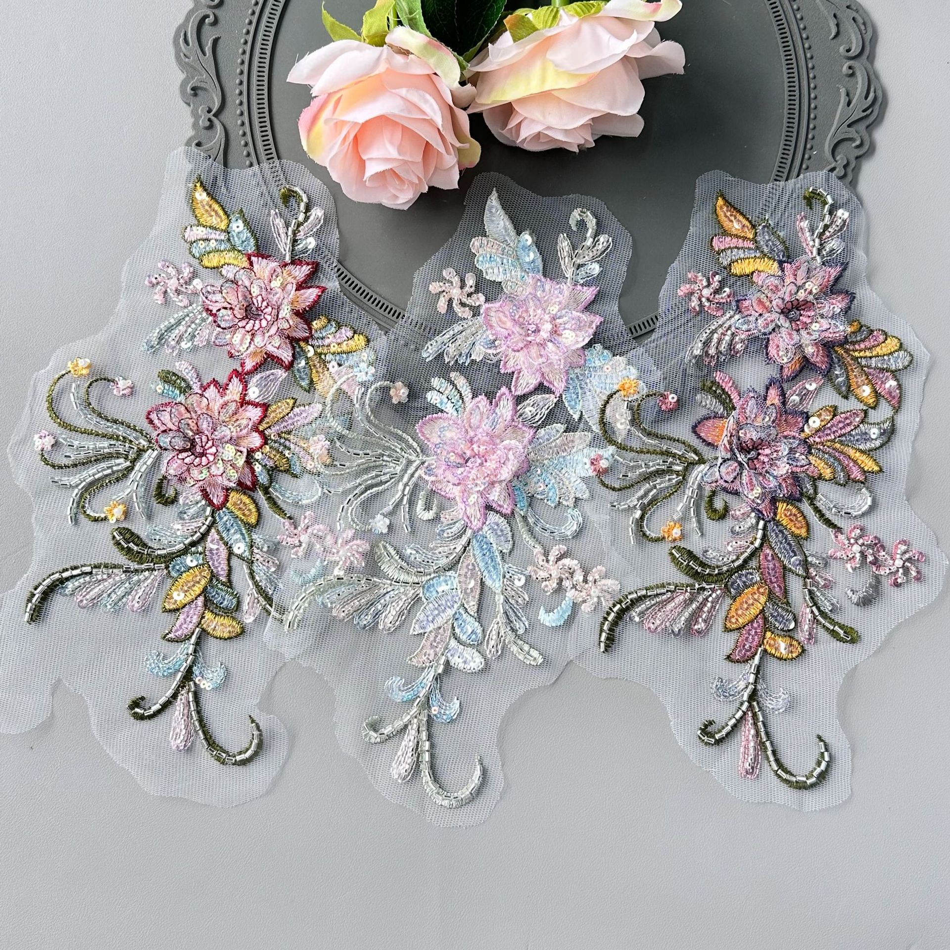 中国风网纱钉珠亮片立体花朵刺绣布贴旗袍礼服演出服贴花装饰辅料