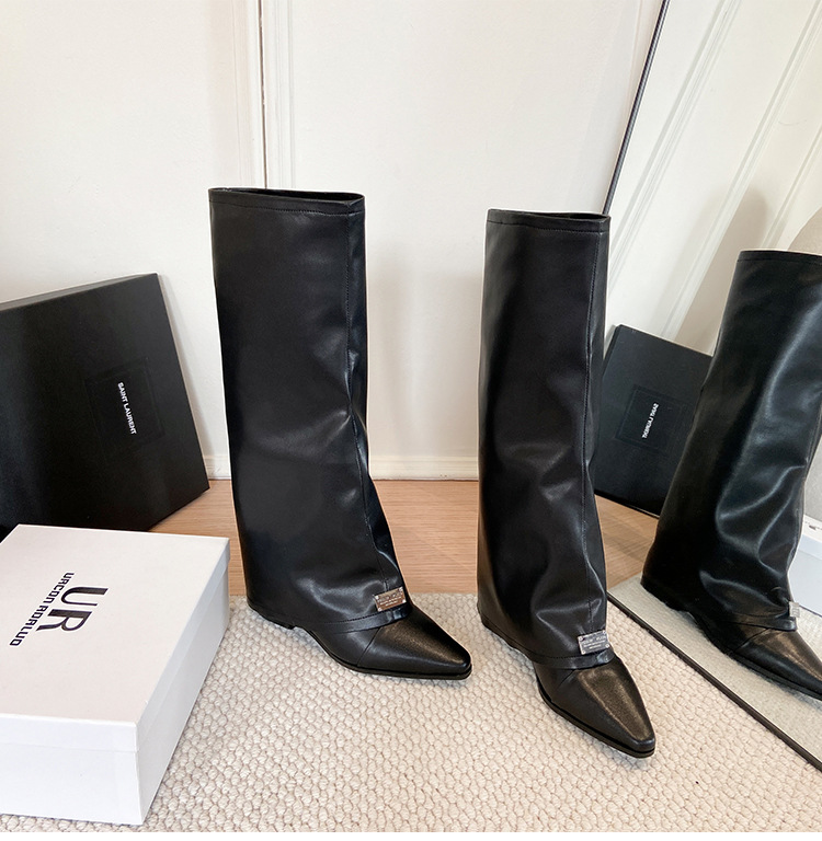 Boot nữ cổ cao mũi nhọn gót dày phong cách phương Tây — Lớp lót nhung đen chi tiết 23