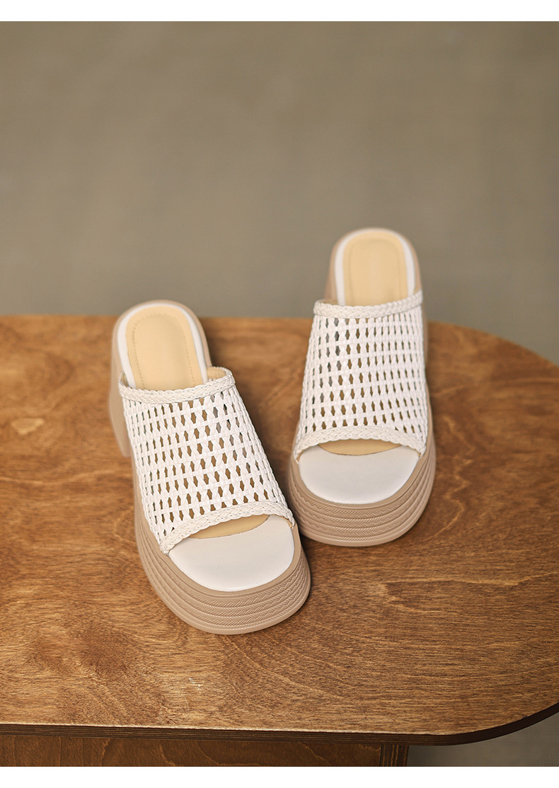 Sandal cao gót nữ đế dày phong cách La Mã, mũi hở, quai đan lộng lẫy — màu đen, màu trắng ngà chi tiết 16