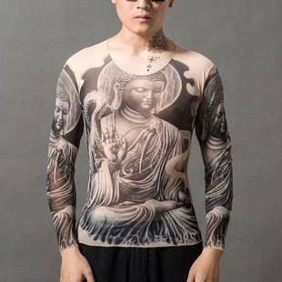 Tattoo Clothing for Men, Long-Sleeved, Flower-Armed, Tight-Fitting Women's Bottoming Tattoo European and American Style Guan Gong Dragon Buddha Guanyin Printed Shirt