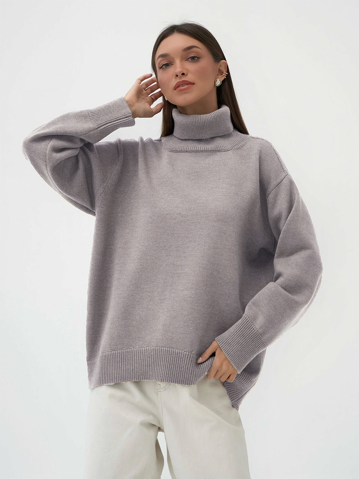 Suéter de cuello alto de Amazon transfronterizo para mujer 2025 Suéter suelto de otoño e invierno europeo y americano Suéter clásico de color sólido de todo fósforo